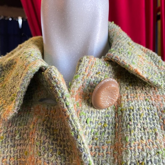 Vintage 50s 60s Green Orange Plaid Tweed Coat Size M Plastic Buttons Mid Century - Picture 4 of 6